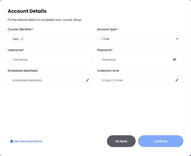 Account Details step with Courier identifier, Account type, Scheduled Manifests and Collection time