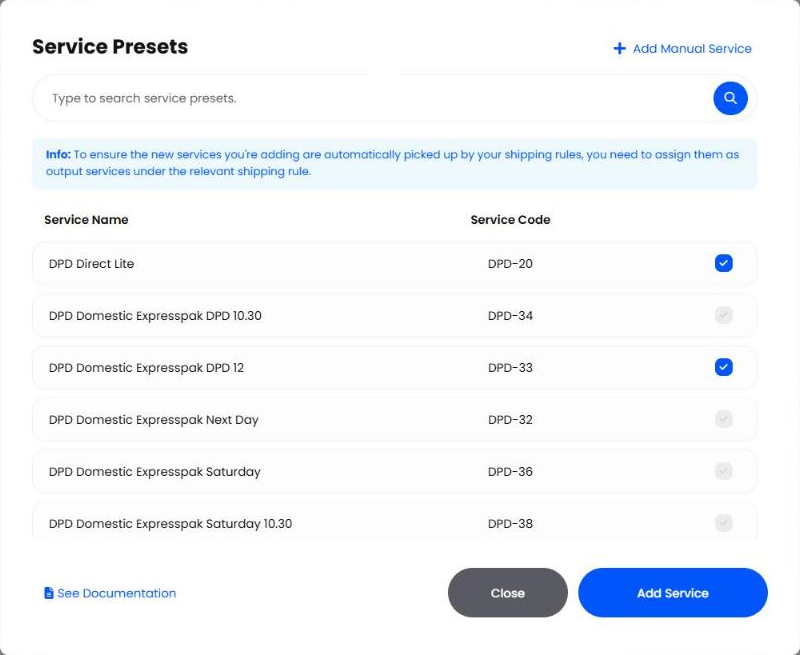 Service Presets window with two DPD services ticked