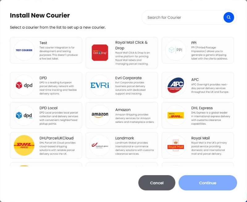 Install New Courier window listing couriers to choose from