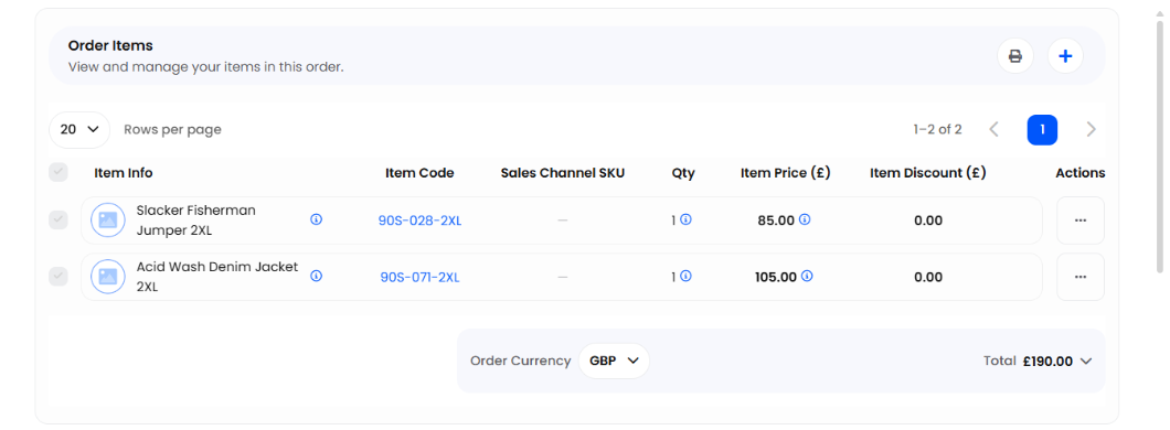 Order Items with two products and the order total