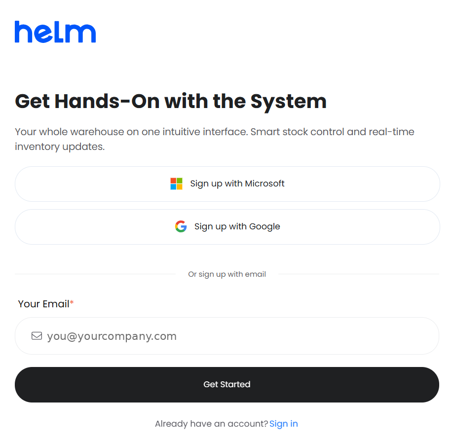 Helm registration page with Microsoft, Google and email sign-up