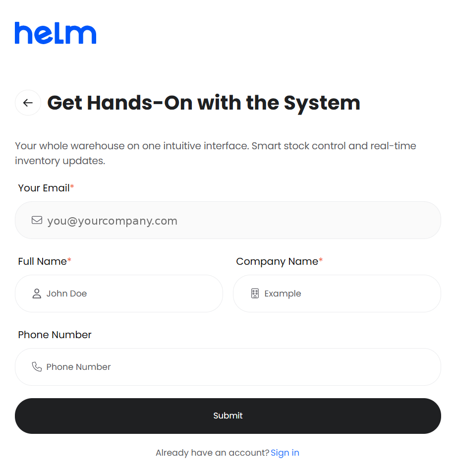 Registration form with full name, company name and phone number