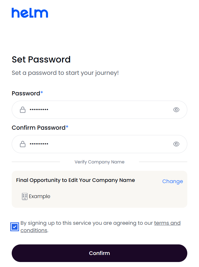 Set Password page with the company name check
