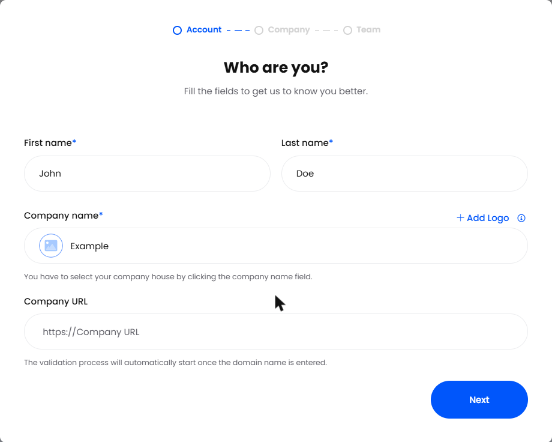 Who are you? screen in the company setup