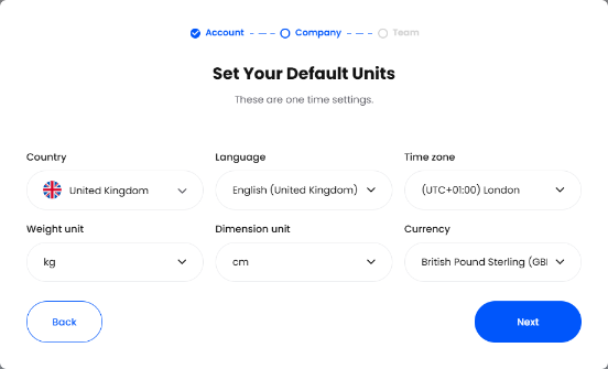 Set Your Default Units screen