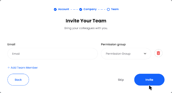 Invite Your Team screen with permission groups