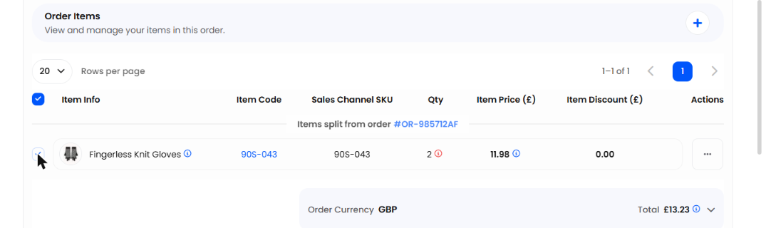 Order Items with a line selected