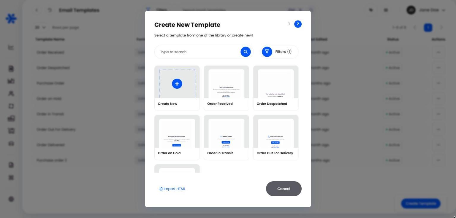 Step 2 of Create New Template showing the template library