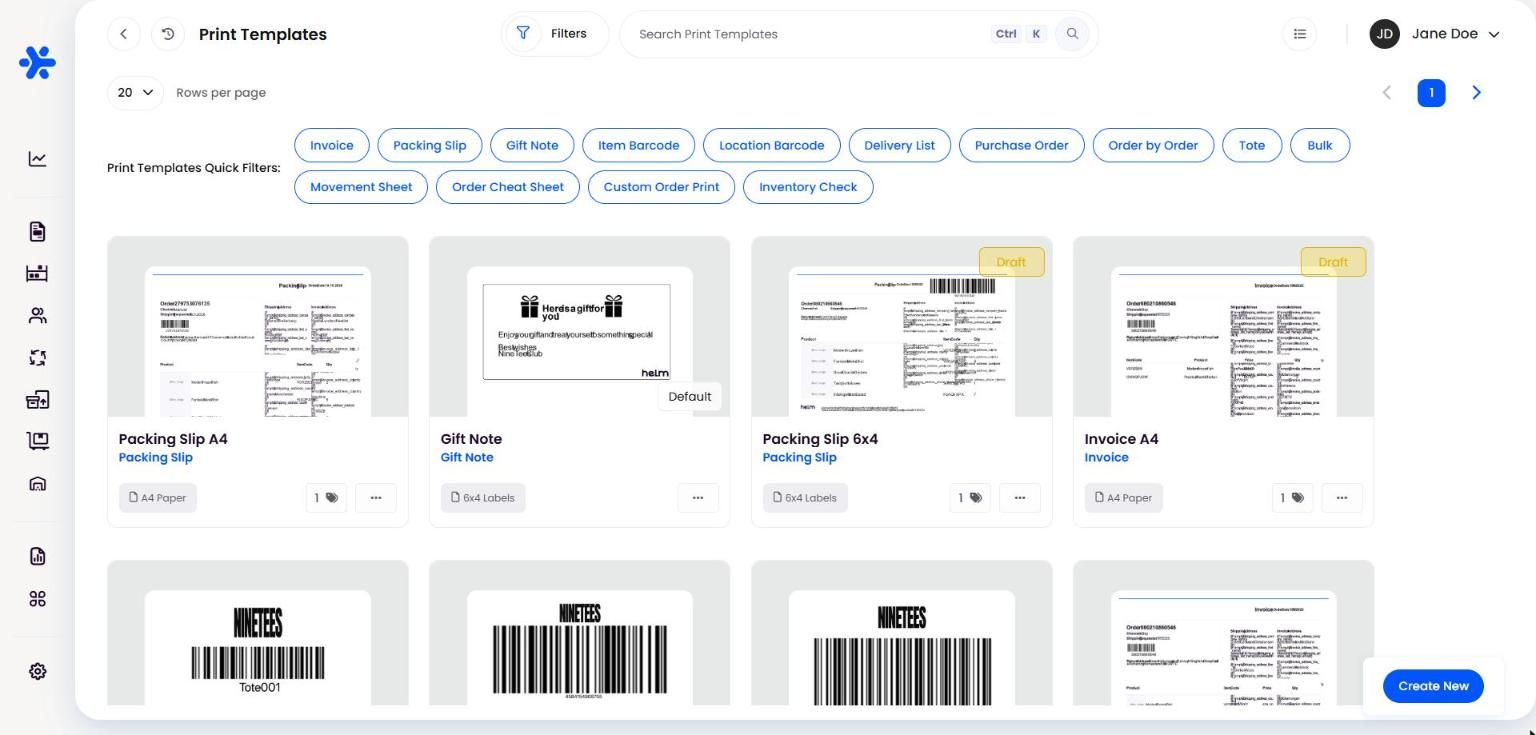 Print Templates page in grid view