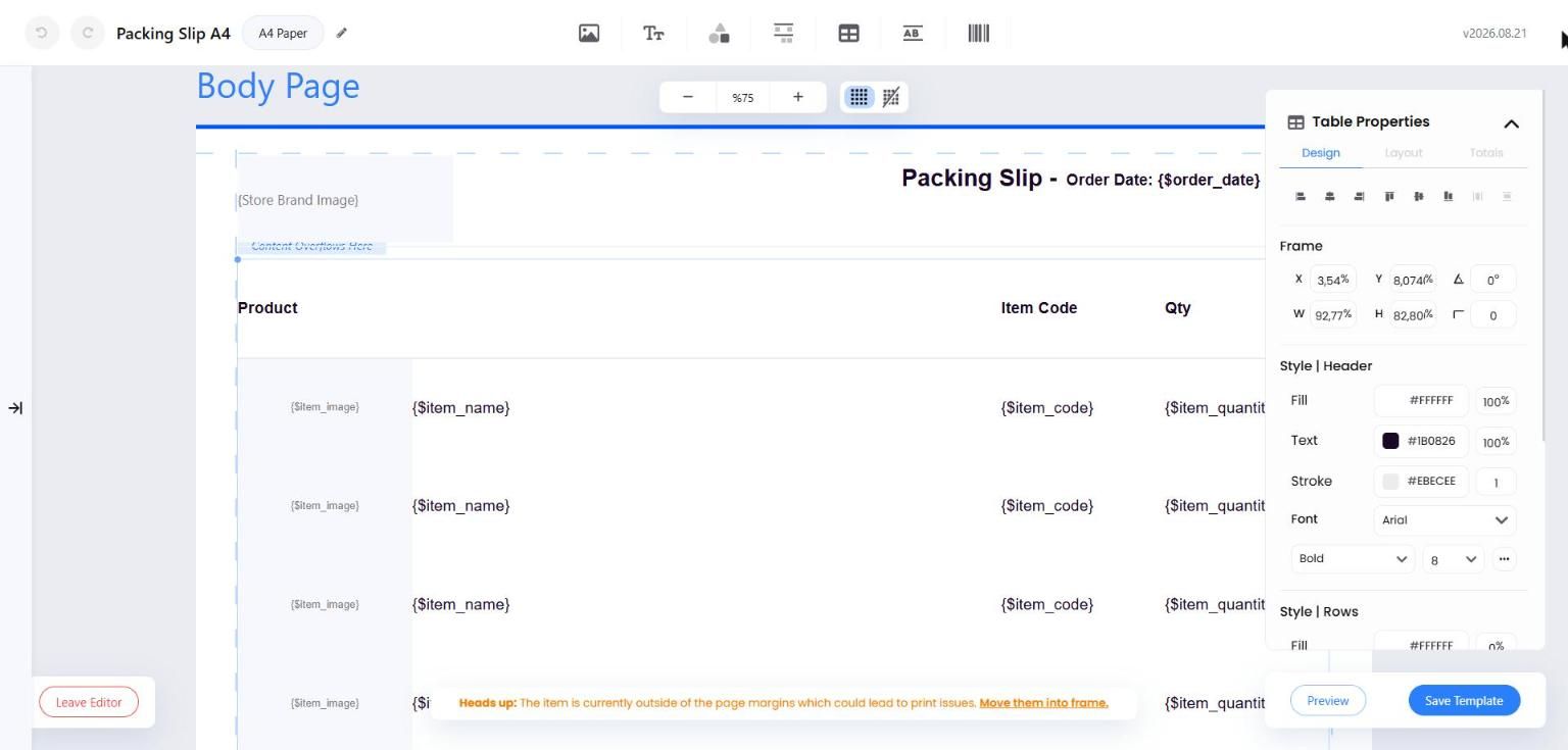 Print template editor with the items table selected