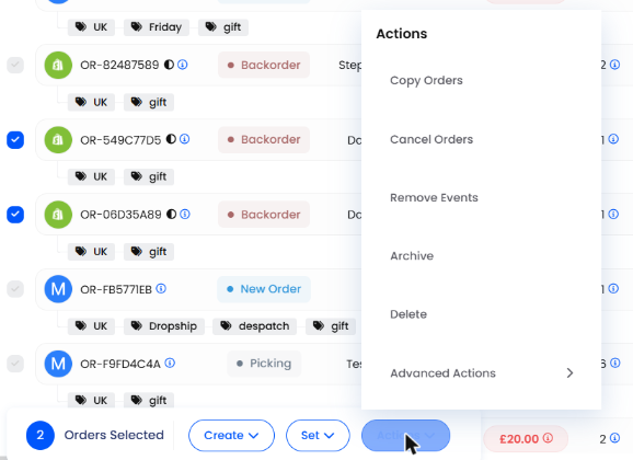 Actions menu in the bulk actions bar