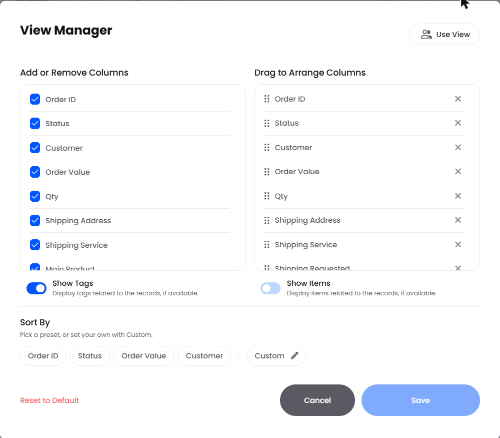 View Manager window for choosing and arranging columns